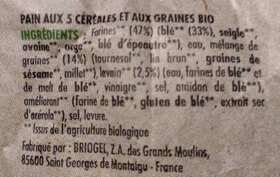 Pain aux 5 céréales et aux graines BIO ingredients label