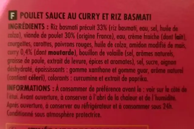 Poulet et riz basmati sauce curry ingredients label