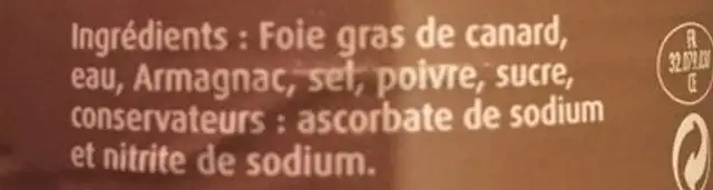 Bloc de Foie Gras de Canard ingredients label