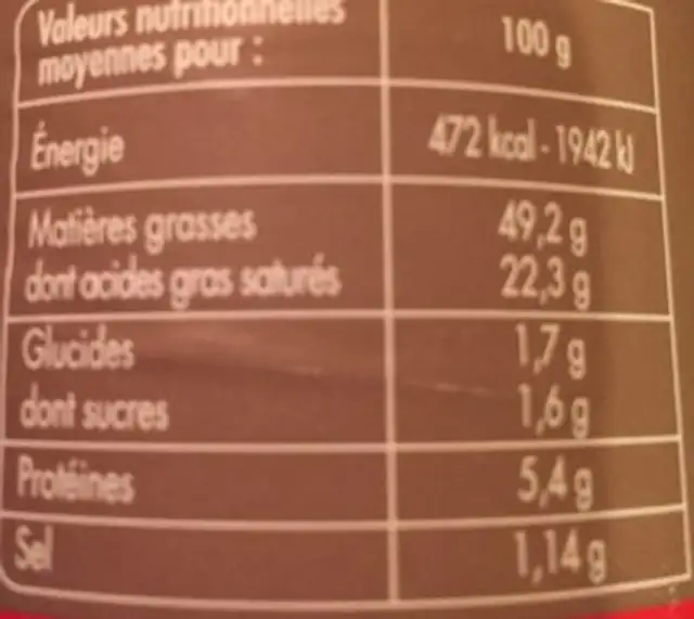 Bloc de Foie Gras de Canard nutrition facts table