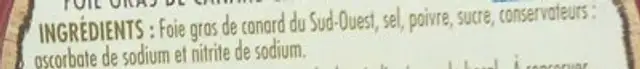 Foie gras de Canard entier du Sud-Ouest ingredients label