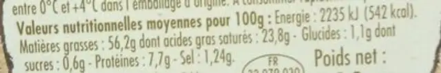 Foie gras de Canard entier du Sud-Ouest nutrition facts table