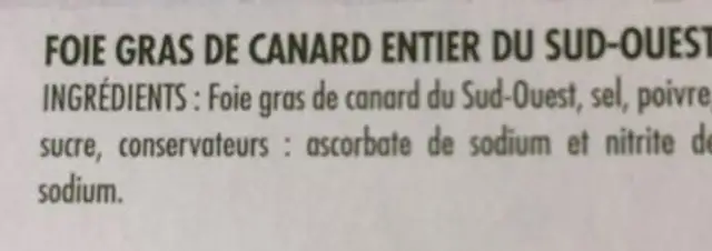 Foie Gras de Canard Entier du Sud-Ouest ingredients label