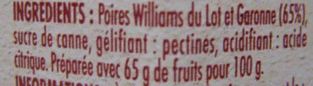Préparation de Poires Williams du Lot et Garonne ingredients label