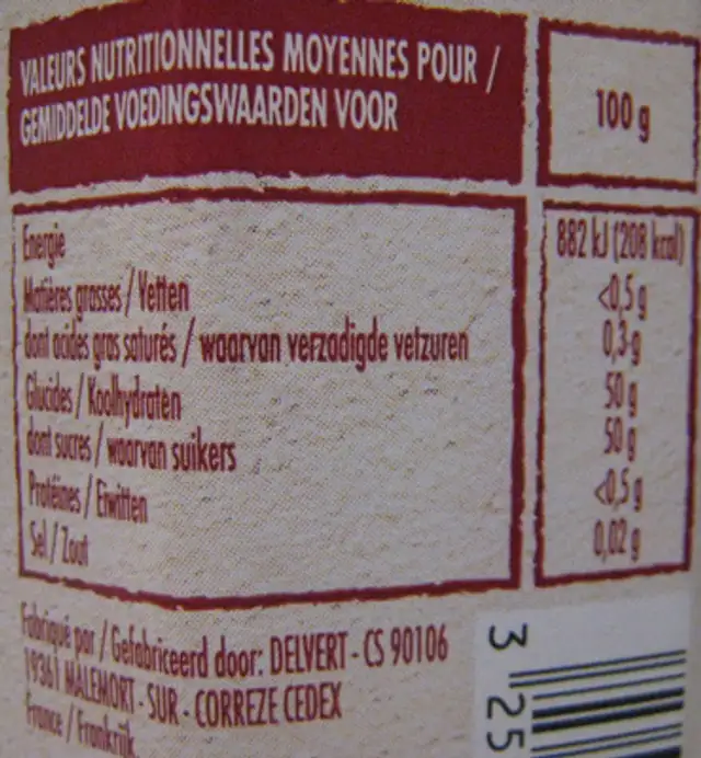 Préparation de Poires Williams du Lot et Garonne nutrition facts table