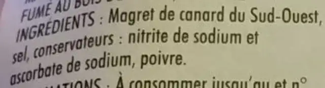 MAGRET DE CANARD IGP SECHE FUME TRANCHE - 90g ingredients label