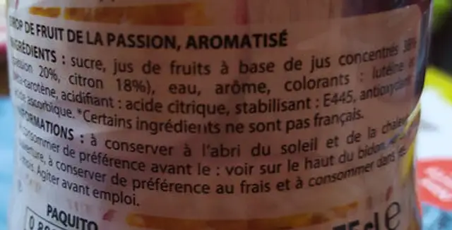 Sirop Passion bidon 75cl ingredients label