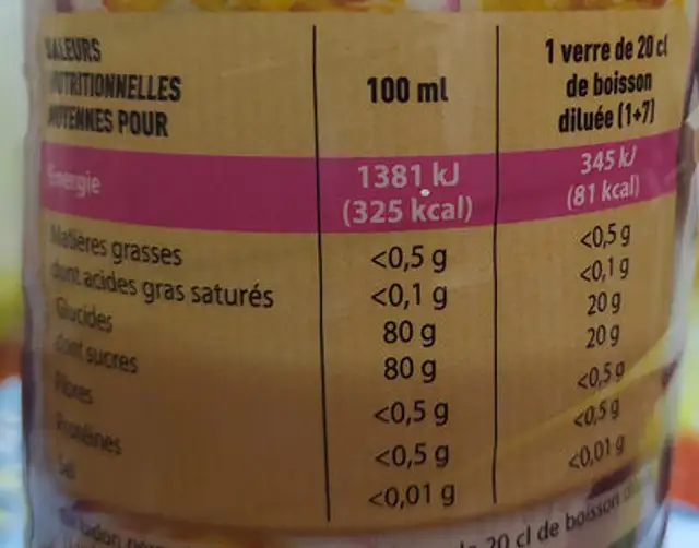 Sirop Passion bidon 75cl nutrition facts table