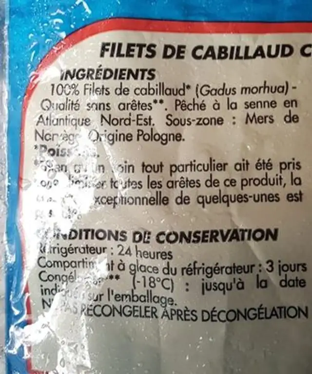 Filets de cabillaud 800g msc ingredients label
