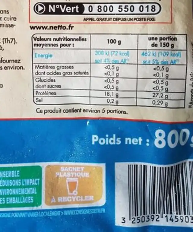 Filets de cabillaud 800g msc nutrition facts table