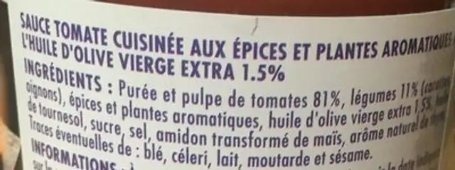 Sauce Provençale ingredients label