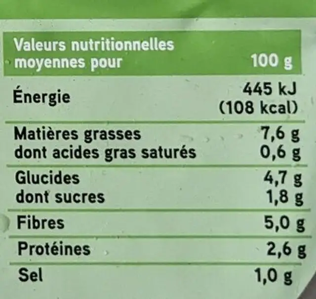Macédoine aux légumes nutrition facts table