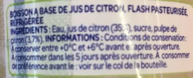 Boisson au jus de citron pet 1 l ingredients label