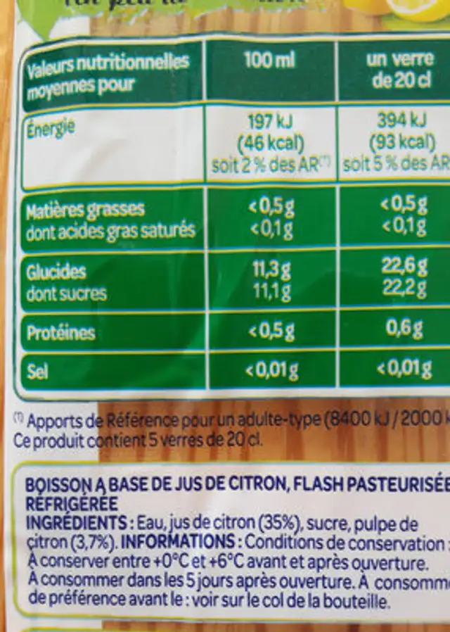 Boisson au jus de citron pet 1 l nutrition facts table