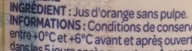 Pur jus d'orange sans pulpe pet 1l ingredients label