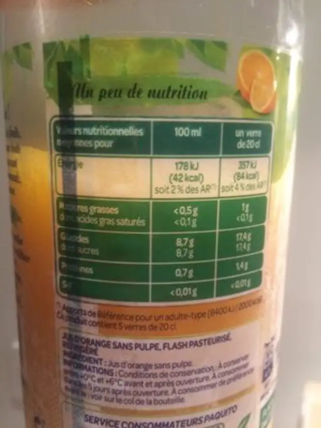 Pur jus d'orange sans pulpe pet 1l nutrition facts table