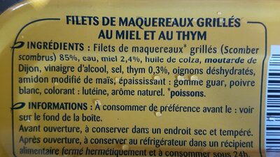 Filets de maquereaux grillés sauce miel et thym 120g ingredients label
