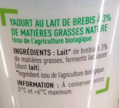 yaourt brebis bio nature 2x125g ingredients label