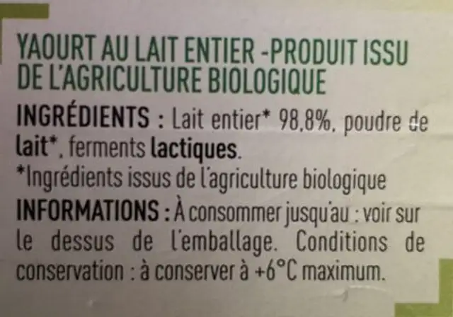 Yaourt étuvé bio nature 12x125g ingredients label