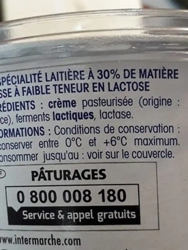 Creme entière sans lactose ingredients label