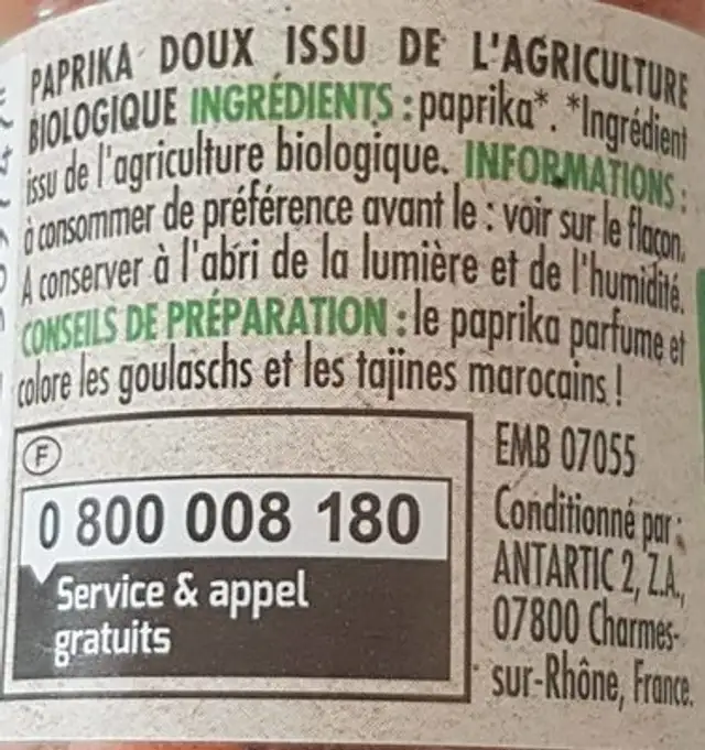 Paprika bio ingredients label