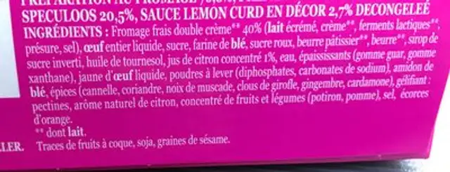 Cheescake citron ingredients label