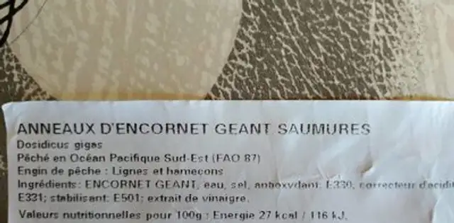 Anneaux d'encornet géant saumure ingredients label