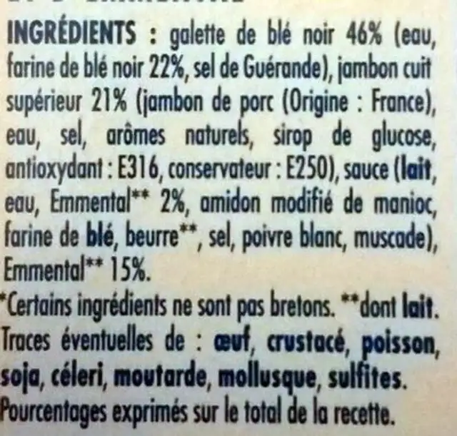 Galette de blé noir Jambon Emmental ingredients label