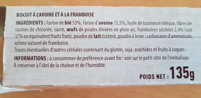 Petit biscuit avoine et framboise ingredients label