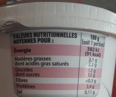 Onctueux aux fruits mixés Fraise-Framboise nutrition facts table