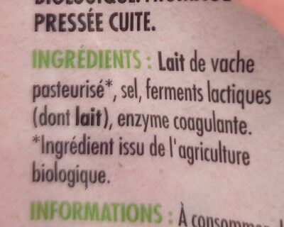 Emmental portion lp biologique 250g ingredients label