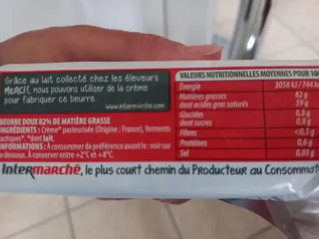 Beurre doux ingredients label