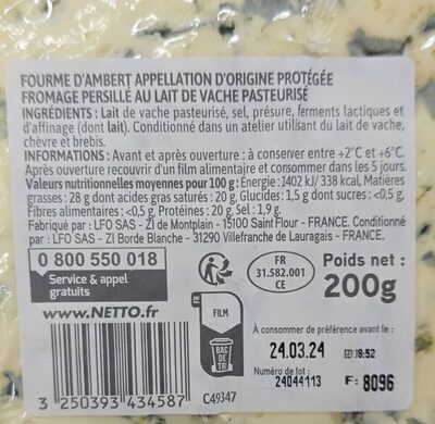 Fourme d'ambert aop 200g nutrition facts table