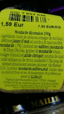 Maille Dijonnaise ingredients label
