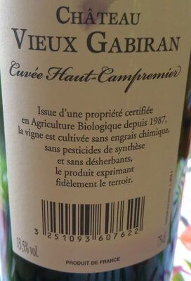 Vin rouge château vieux gabiran ingredients label