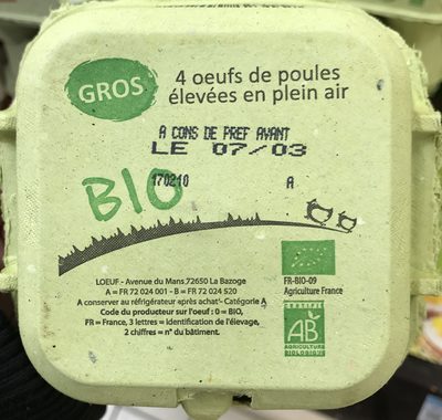 4 oeufs de poules élevées en plein air Gros Bio front packaging