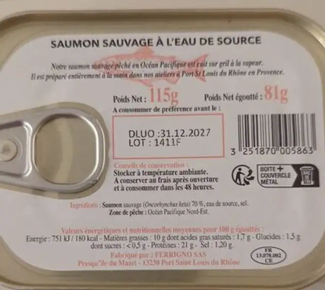 Saumon Sauvage À L‘Eau De Source nutrition facts table