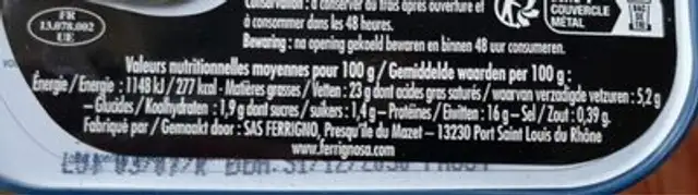 Sardines à la pissaladière nutrition facts table