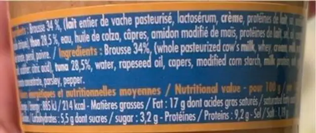 Creme de thon a la brousse nutrition facts table