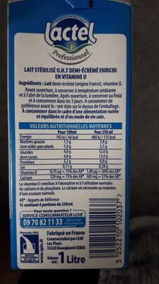 Lait Demi-écrémé Lactel, 6x1l ingredients label