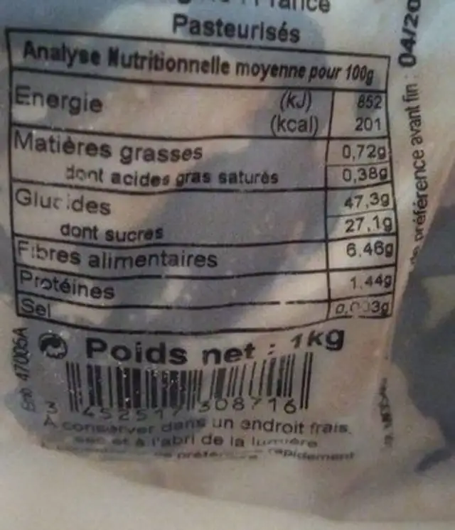 Pruneaux ingredients label