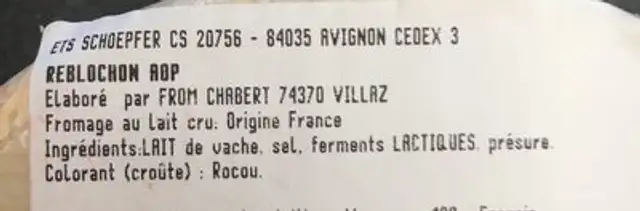 Reblochon aop ingredients label