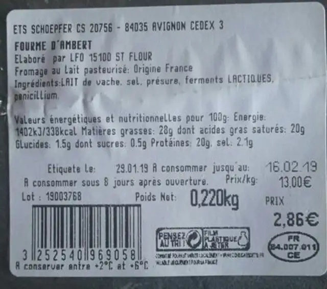 Fourme d'Ambert ingredients label