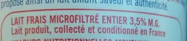 Lait frais microfiltré ingredients label