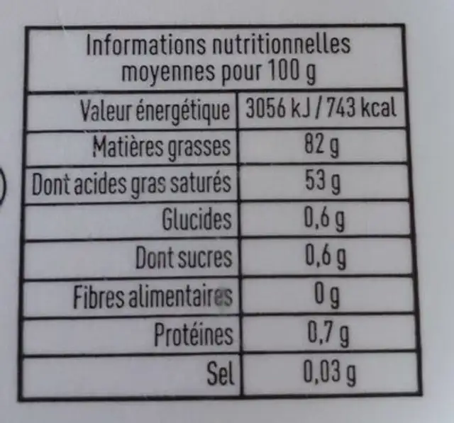 Beurre de baratte doux BIO nutrition facts table