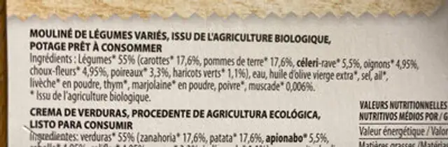 Mouliné de légumes variés à la pointe de muscade, issu de l'agriculture biologique ingredients label