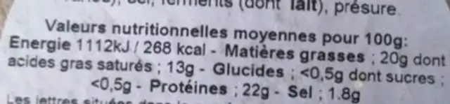 Camembert au lait cru nutrition facts table