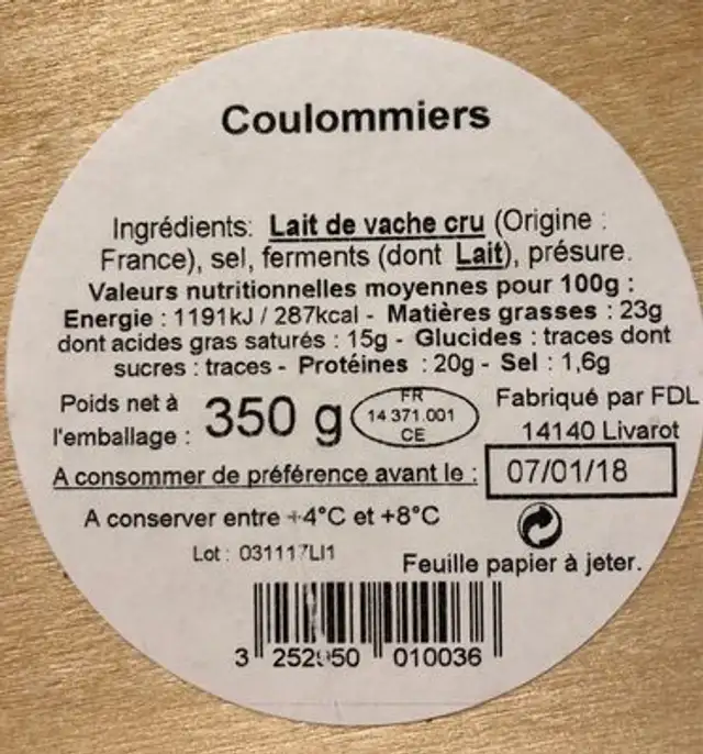 Coulommiers au Lait Cru (23 % MG) nutrition facts table