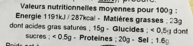 Coulommiers au lait cru (23% MG) (+30% gratuit) nutrition facts table