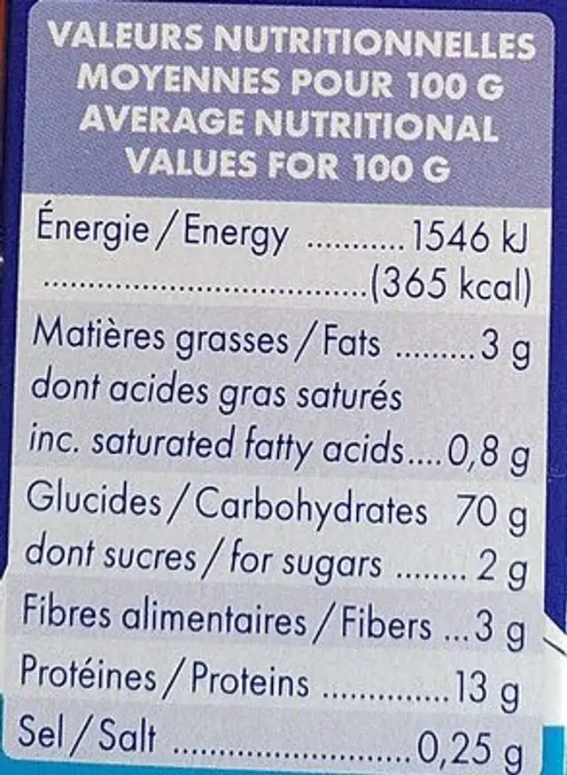 Les Crozets Nature nutrition facts table